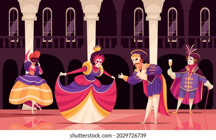 Escena de carnaval veneciana de caricaturas con elegantes hombres y mujeres con disfraces bailando en lujosa fiesta de vestimenta ilustración vectorial