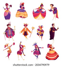 Cartoon venetian carnival set with people dancing in costumes wearing traditional masks isolated vector illustration