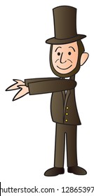 A cartoon version of Abraham Lincoln with his arms out presenting something.