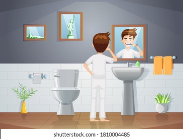 cartoon version of bathroom scene with man brushing teeth,vector illustration