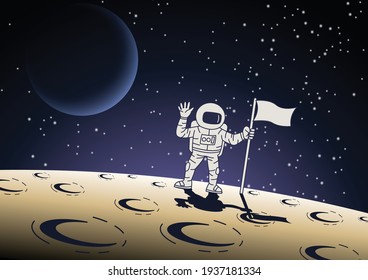 Diseño de versión de dibujos animados de astronauta sostiene la bandera en la superficie de la luna,ilustración vectorial