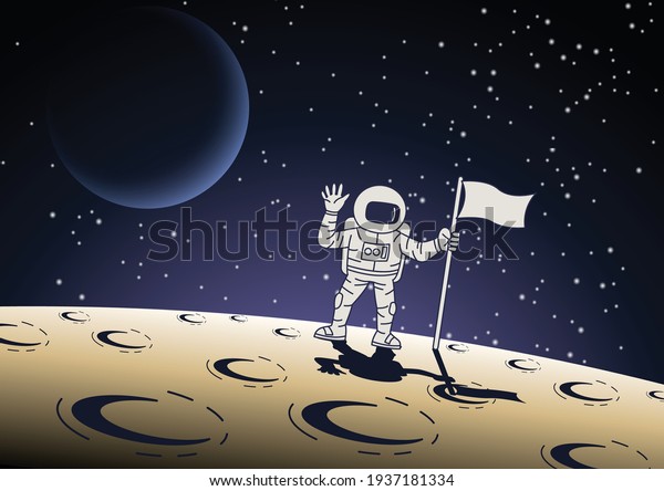 Cartoon version design of\
astronaut hold the flag on surface of the moon,vector\
illustration