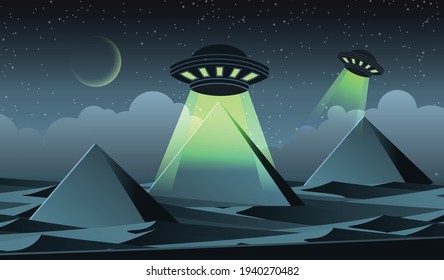 Cartoon version design of UFO fly over Pyramids in egypt,vector illustration