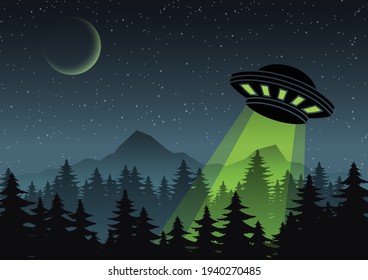 Cartoon version design of UFO fly over the forest,vector illustration