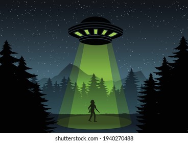 Cartoon version design of UFO fly over the forest and a man,vector illustration