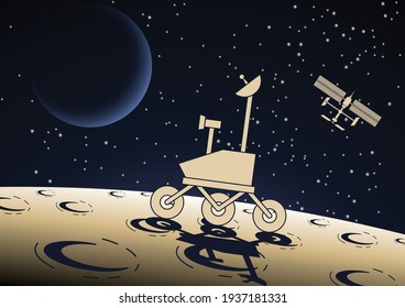 Cartoon-Version Design des Fahrzeugs funktioniert auf der Mondoberfläche, Vektorgrafik