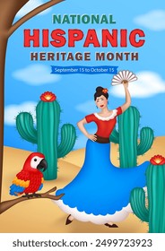 Cartoon vertical greeting card with 3d cute Macaw parrot,  female Flamenco dancer in traditional dress with fan among cacti in dessert and text - Hispanic Heritage Month. Latin America culture concept