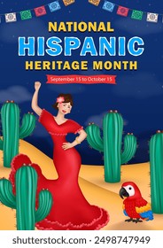 Cartoon vertical greeting card with ethnic paper flags, 3d cute Macaw parrot, Flamenco female dancer in traditional red dress among cacti in a dessert scene at night and text - Hispanic Heritage Month