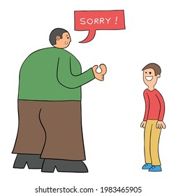 Cartoon very big kind man apologizes on weak man, vector illustration. Black outlined and colored.