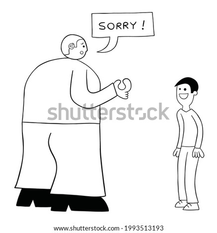 Cartoon very big kind man apologizes on weak man, vector illustration. Black outlined and white colored.