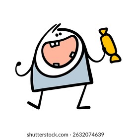 Cartoon very cute little kid has lost his teeth, eats a lot of sweets. Vector illustration of a happy boy and a big candy for dessert.