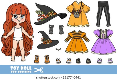 Cartoon very long haired girl and clothes separately - Halloween witch costume constructor. Image produced without the use of any form of AI software at any stage.