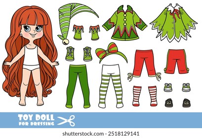 Desenhos animados garota de cabelos muito longos e roupas separadamente - Construtor de fantasia Elf Natal com jaquetas elegantes, chapéu e botas. Imagem produzida sem a utilização de qualquer forma de software de IA em qualquer fase.