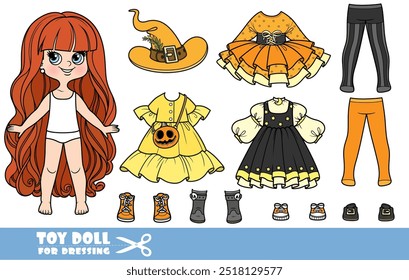 Cartoon very long haired girl and clothes separately - Halloween witch costume constructor with elegant dresses, hats and pumpkin bag . Image produced without the use of any form of AI software at any