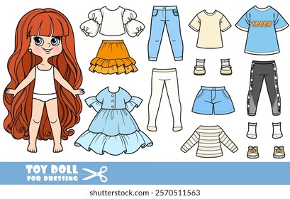 Cartoon very long haired girl and clothes separately - summer costume constructor and sportswear