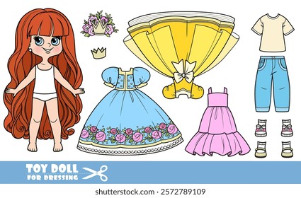 Cartoon very long haired girl and clothes separately - princess costume constructor and summer dress, jeans and shirt casual wear