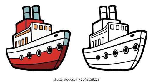 Cartoon Of Vessel Coloring Pages For Kids. Easy Ship Coloring Book Printable. Vessel Cartoon Vector Illustration