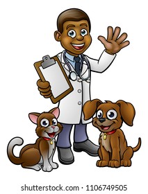 A cartoon vet character holding clipboard and waving with pet cat and dog animals