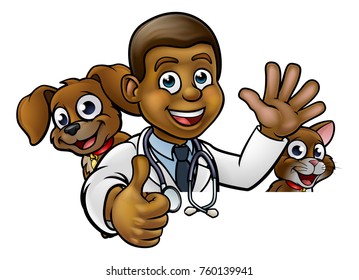 A cartoon vet character with pet cat and dog animals above sign pointing