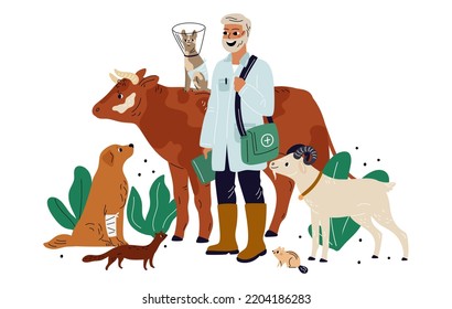 Cartoon vet doctor with animals. Veterinarian examining cow and goat. Veterinary help. Person checkup dog or cat. Man healing pets. Examination and treatment. Garish