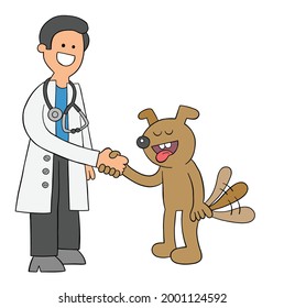 Cartoon vet and dog get along and shake hands, vector illustration. Colored and black outlines.