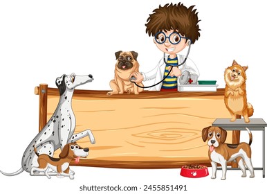 Cartoon vet examining multiple dogs in clinic