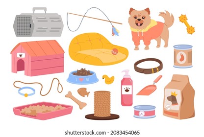 Cartoon veterinarian accessory collection with food, toys and supplies for cats and dogs isolated on white. Vet store concept. Pet stuff set for shop or salon for domestic animals vector illustration