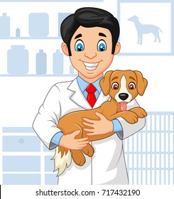 Cartoon Veterinarian Doctor Examining A Puppy