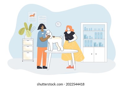 Cartoon veterinarian examining cute dog on table. Doctor treating pet at medical center, worried female owner flat vector illustration. Veterinary clinic, animal care or health, medicine concept