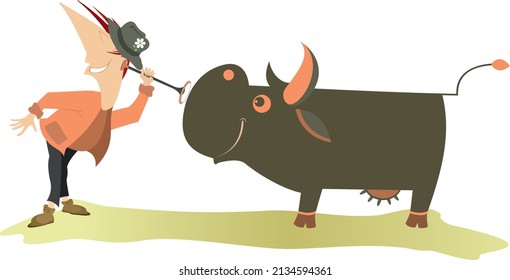 Cartoon veterinarian or farmer and cow illustration. 
Funny man in the hat examines a smiling cow by endoscope isolated on white background
