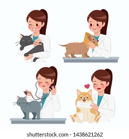 Cartoon Veterinarian With Injured Animals On White Background