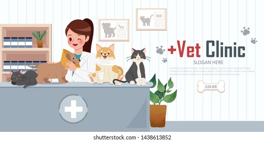 cartoon veterinarian and injured animals at the vet clinic for banner design