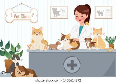 Cartoon-Tierarzt und viele Haustiere sind glücklich in der Tierklinik