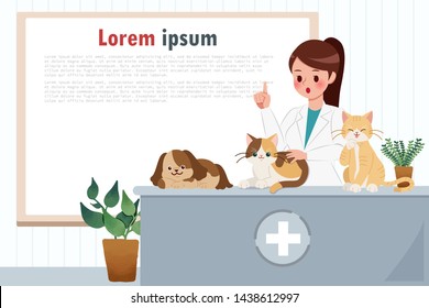cartoon veterinarian and many pets in the vet clinic with text box