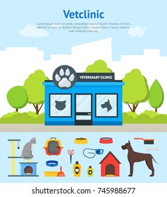 Cartoon Veterinary Clinic Building Card Poster and Elements Set Flat Style Design Domestic Animal Treatment. Vector illustration