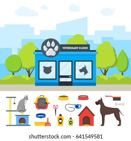 Cartoon Veterinary Clinic Building and Elements Set Flat Style Design Domestic Animal Treatment. Vector illustration