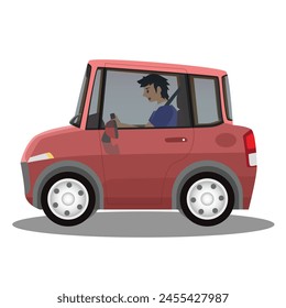 Cartoon vetor or illustrator of mini car with driving man inside car. Sedan car red color can view interior of car. on isolated white backgorund with shadow.