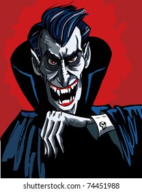 Cartoon vhead and shoulders of a evil vampire on red background