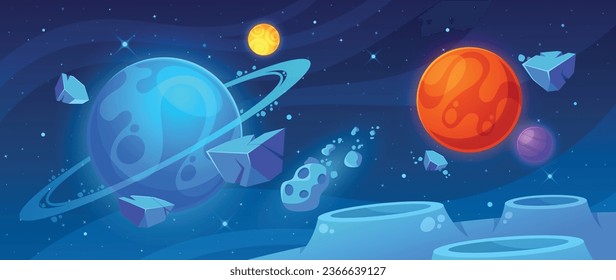 Cartoon Vibrant Space Background With Colorful Planets, Meteorites And Twinkling Stars In Dark Sky With Nebula