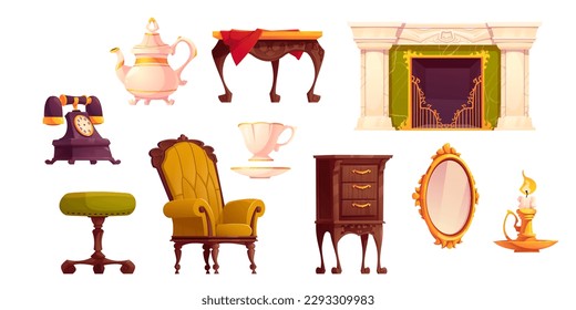 Cartoon victorian interior furniture set with fireplace. Royal vintage living room illustration with isolated english style armchair, mirror and candles for game design. England castle cottage inside