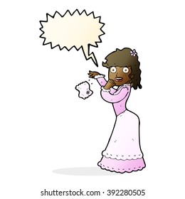cartoon victorian woman dropping handkerchief with speech bubble