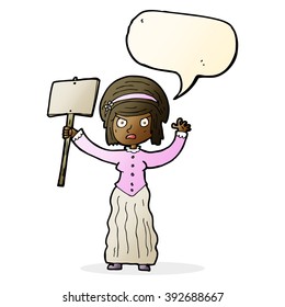 cartoon Victorian woman protesting with speech bubble