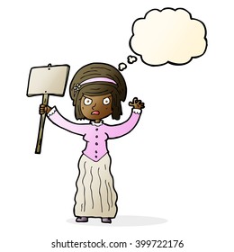 cartoon Victorian woman protesting with thought bubble