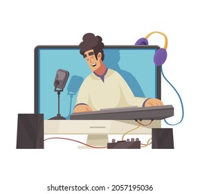 Cartoon video blogger singing and playing keyboard online vector illustration