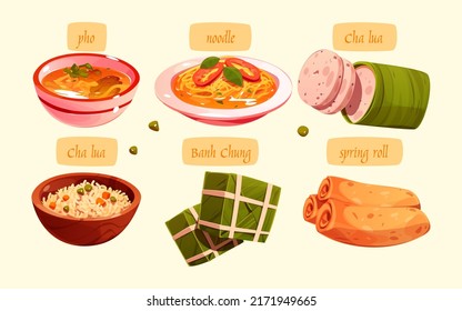 Cartoon Vietnamese cuisine dishes vector set. Vietnamese rice and pancakes, sweet and sour, beef.