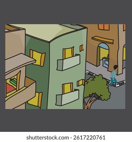 Cartoon view of houses from above and the street from below