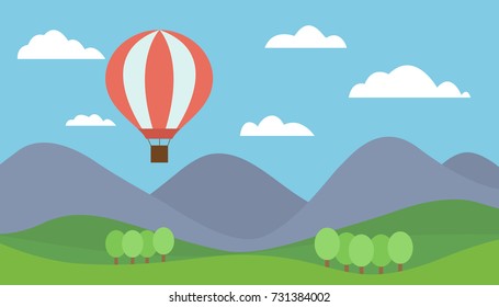 Cartoon view mountain landscape with a red hot air balloon flying in the hills with trees under a blue sky with clouds - vector