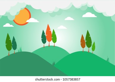 vista de caricaturas de la montaña y árbol con sol.
