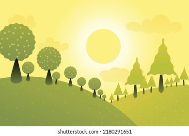 Cartoon view simple green,yellow forest illustration. Sun, Trees, and beautiful land. High-quality full vector-based illustration.