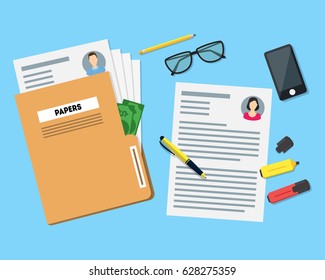 Cartoon View of Working Place witch Papers Folder, Phone, Glasses and Different Element. Vector illustration